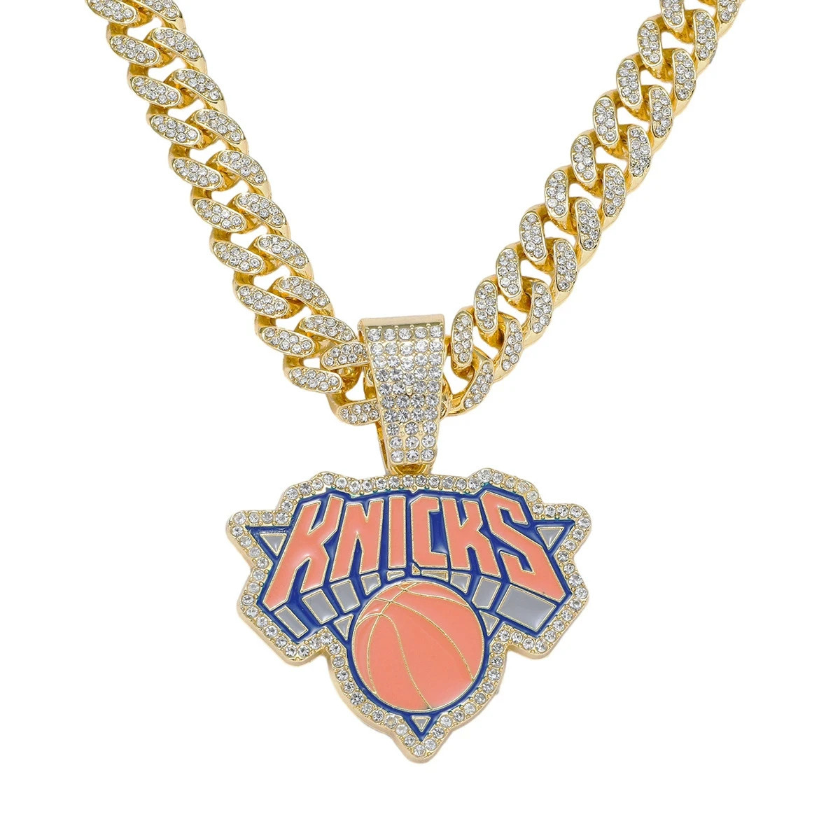 NY New York Knicks Large Charm Pendant Iced Cuban Chain Necklace