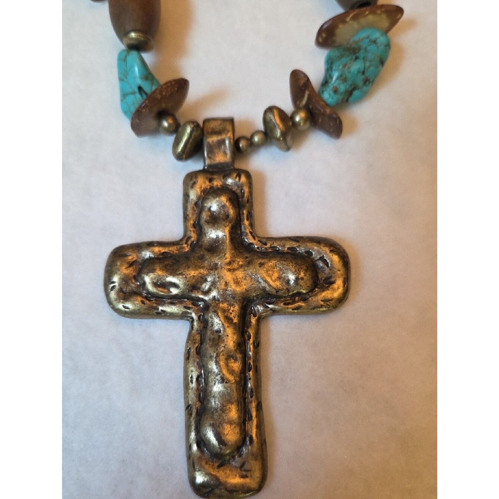 Boho Turquoise & Brass Cross Pendant Necklace