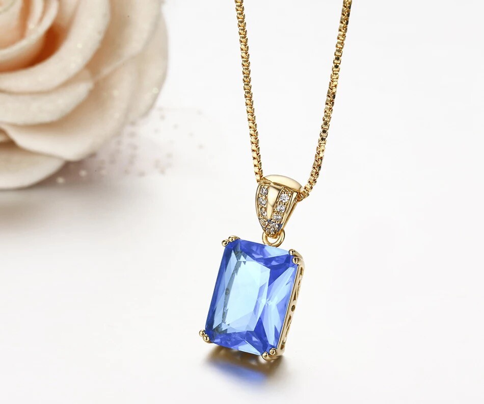 ZARD Emerald-Cut Rectangle Blue Cubic Zirconia Pendant Necklaces in Gold Tone