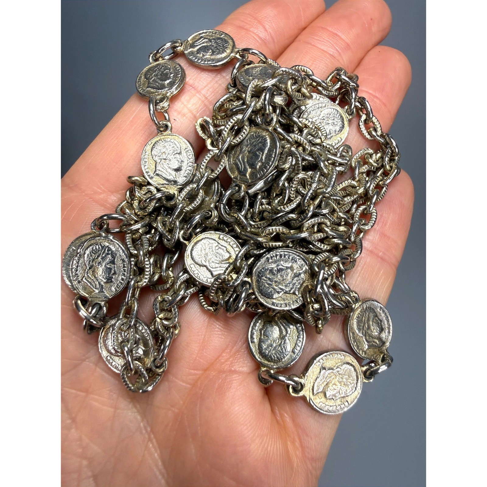 Vintage Two Tone Faux Coin Necklace 50″ Long Flapper Layering