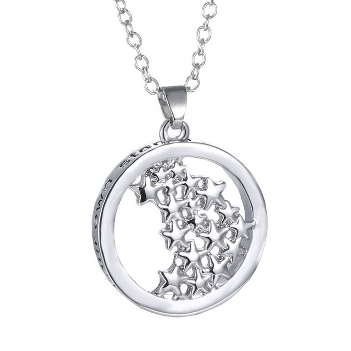 Engraved Necklace 14k White Gold Plated Star Round Pendant Women Jewelry 18″