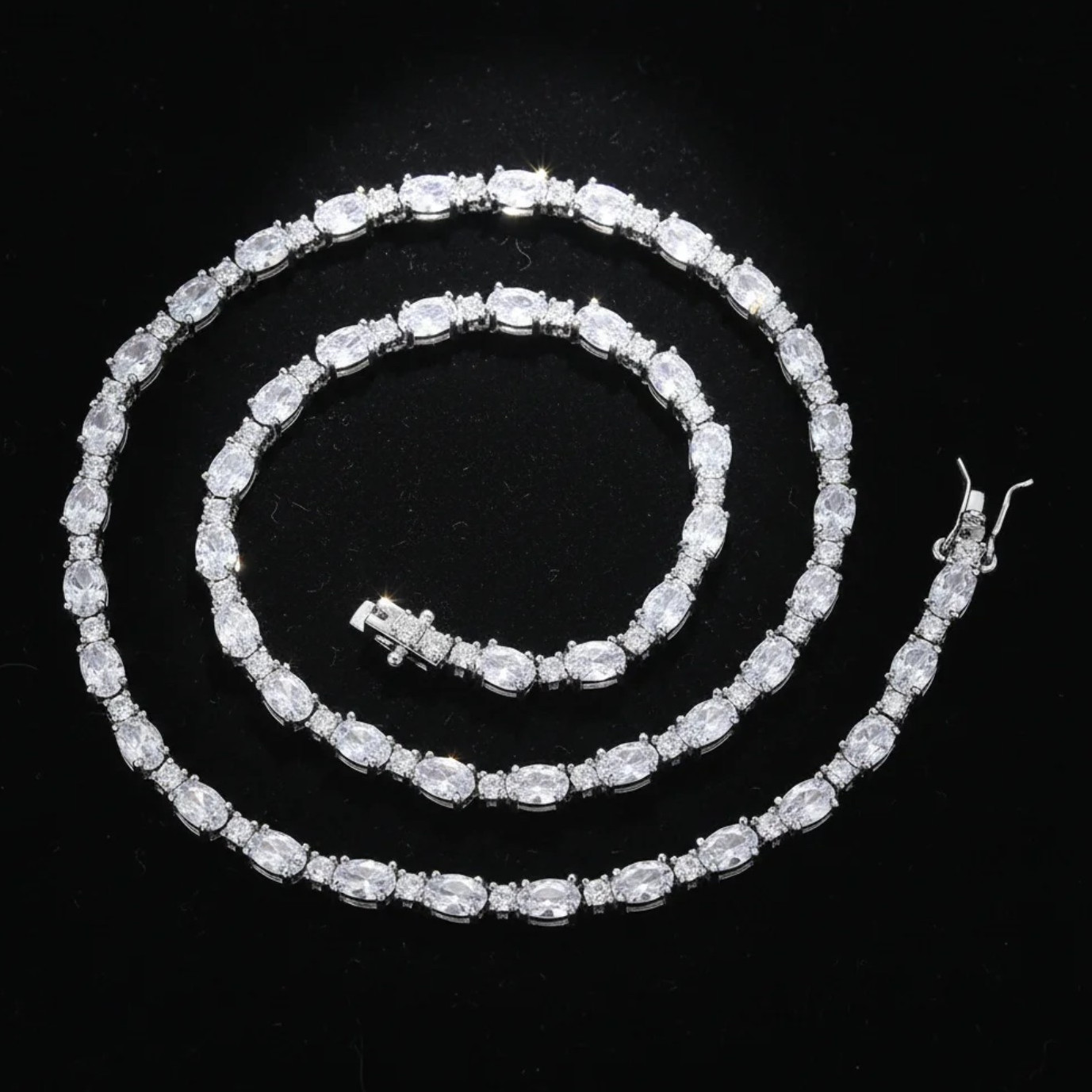 Silver Tone Tennis Chain Necklace Oval White Crystal Prong Set Box Clasp