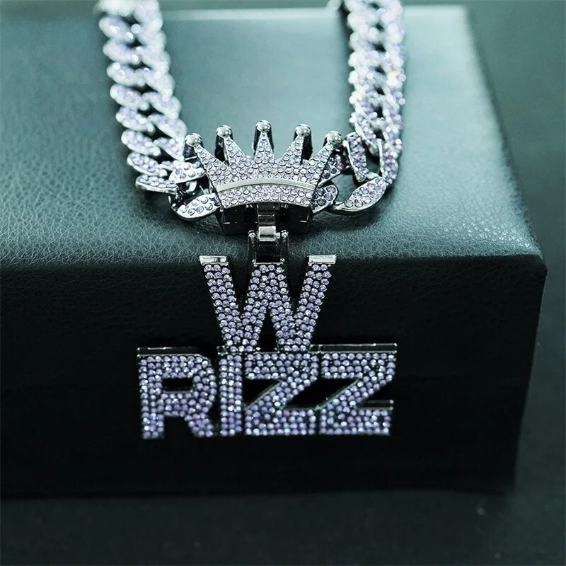 Iced W Rizz Crown Pendant Necklace CZ Bling Hip Hop Miami Cuban Link Chain Mens