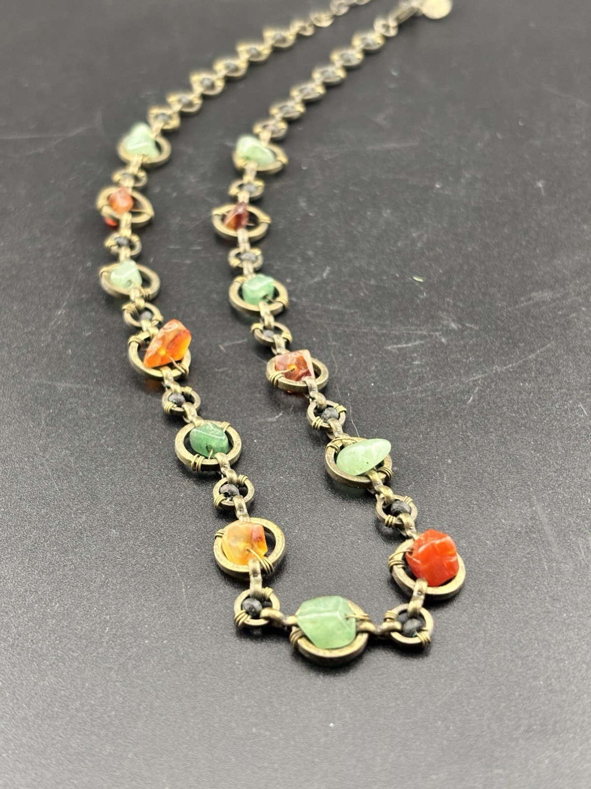 Axcess (Liz Claiborne) XC Artisan Multi Color Stone Necklace Bronze Tone 16–18″