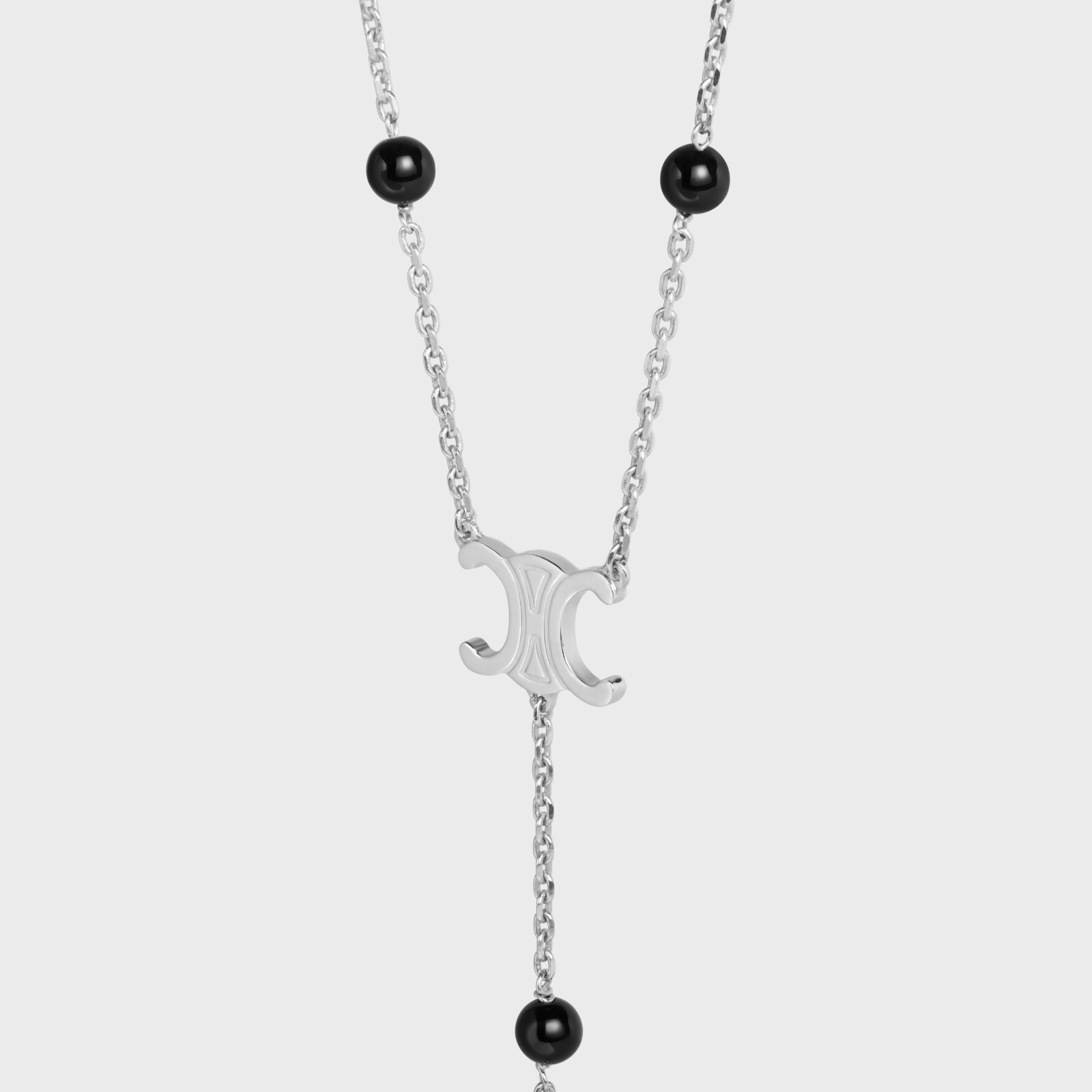 CELINE 1050$ Long Necklace Triomphe – Brass With Rhodium Finish And Onyx