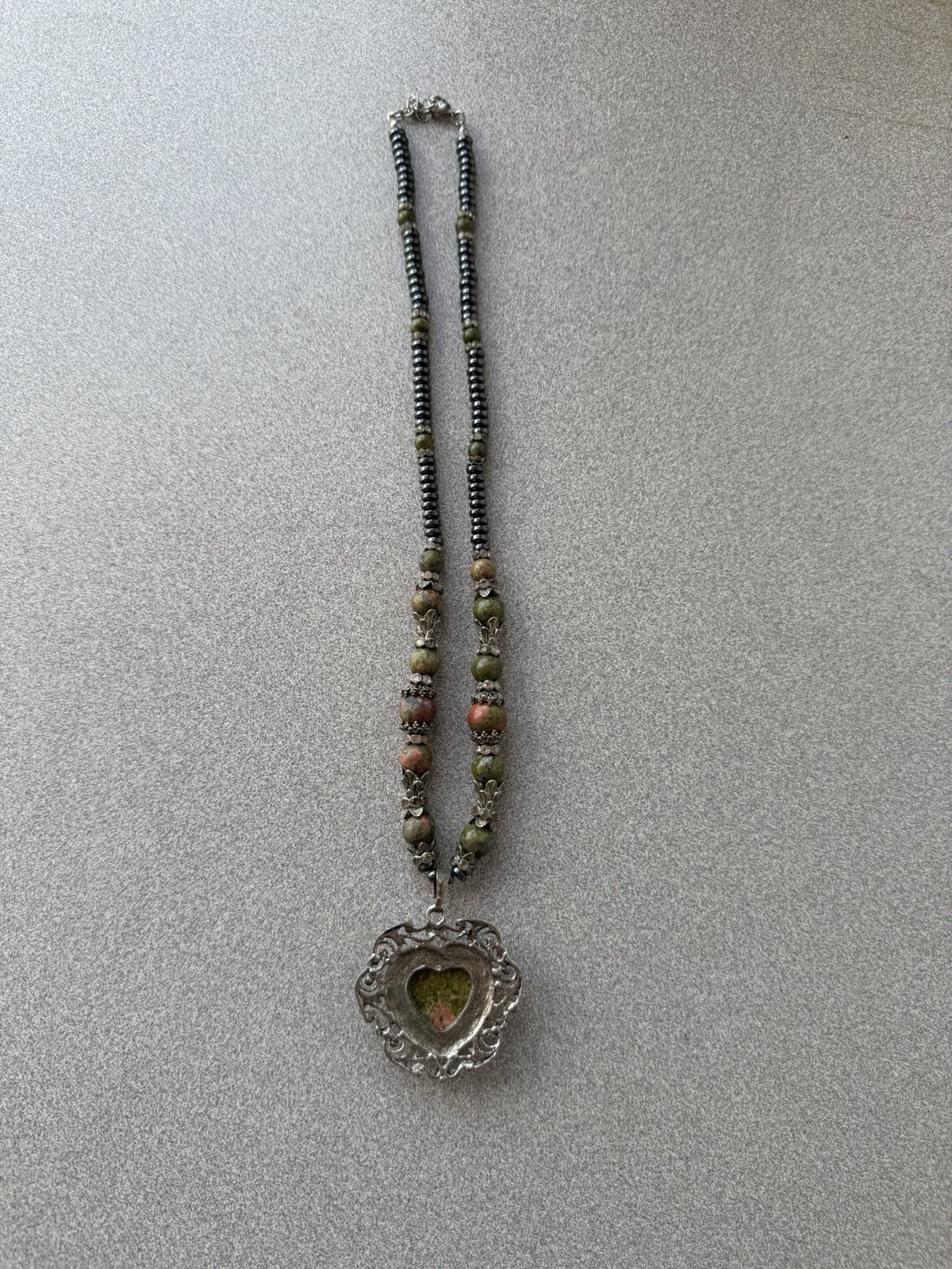 Unakite Heart Pendant Necklace Hematite Beads Boho Statement Silver Tone 18-20”