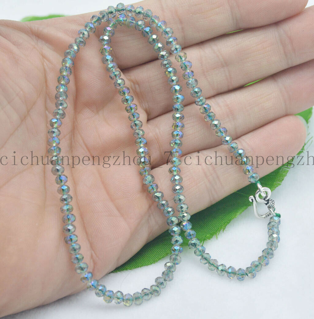 3x4mm Green AB Crystal Faceted Rondelle Gems Beads Necklace Silver Clasp 14-48”