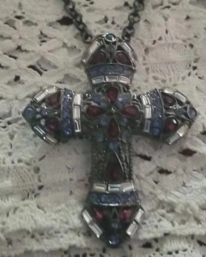 Large Cross Necklace, Black & Purple Medallion Pendent On A 48″station Chain