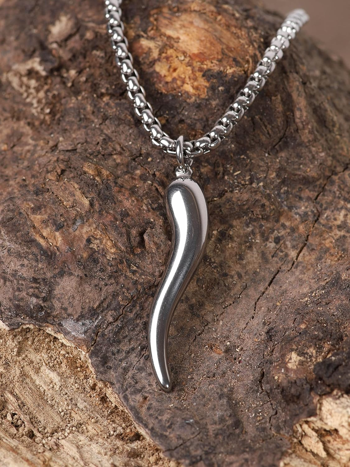 Italian Horn Necklace, Stainless Steel Cornicello Horn Amulet Charm Pendant, Box