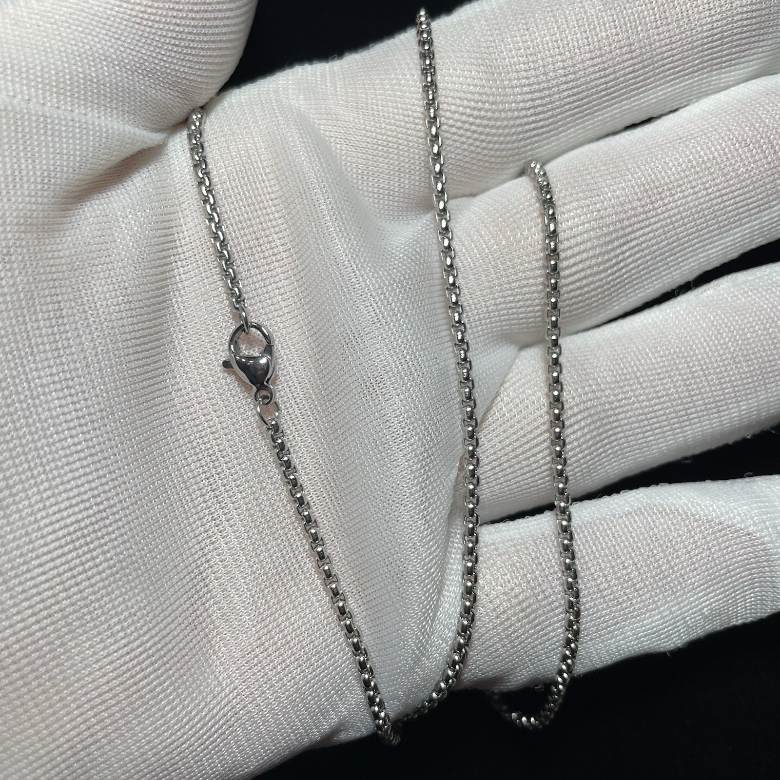 14K White Gold Steel Round Box Necklace Stainless Steel Rolo Chain 2MM 24 Inch