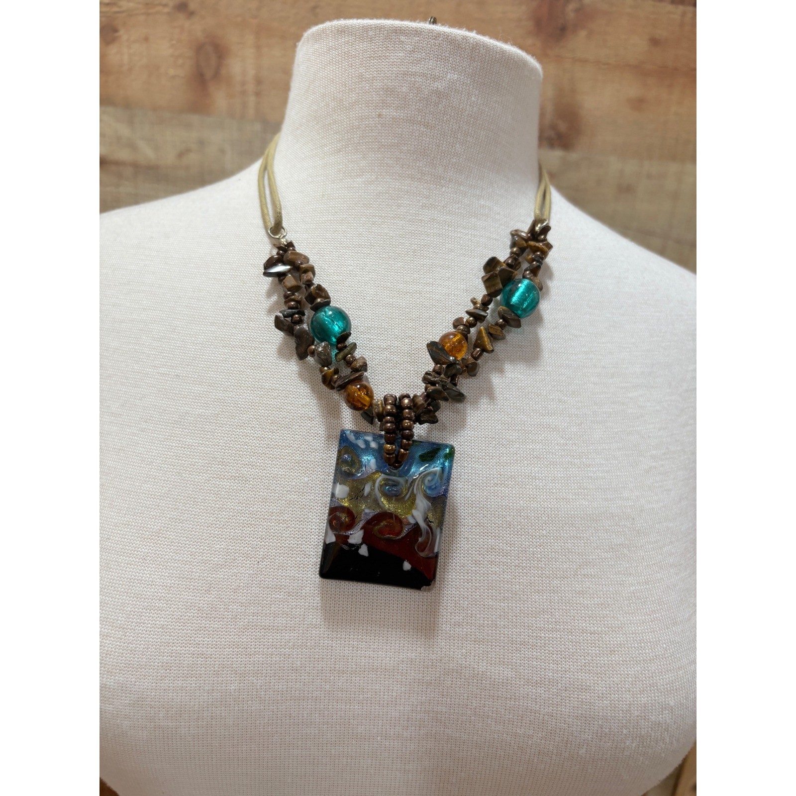 Bohemian Glass Pendant Necklace Stone Beads Colorful Abstract Art Jewelry 15in