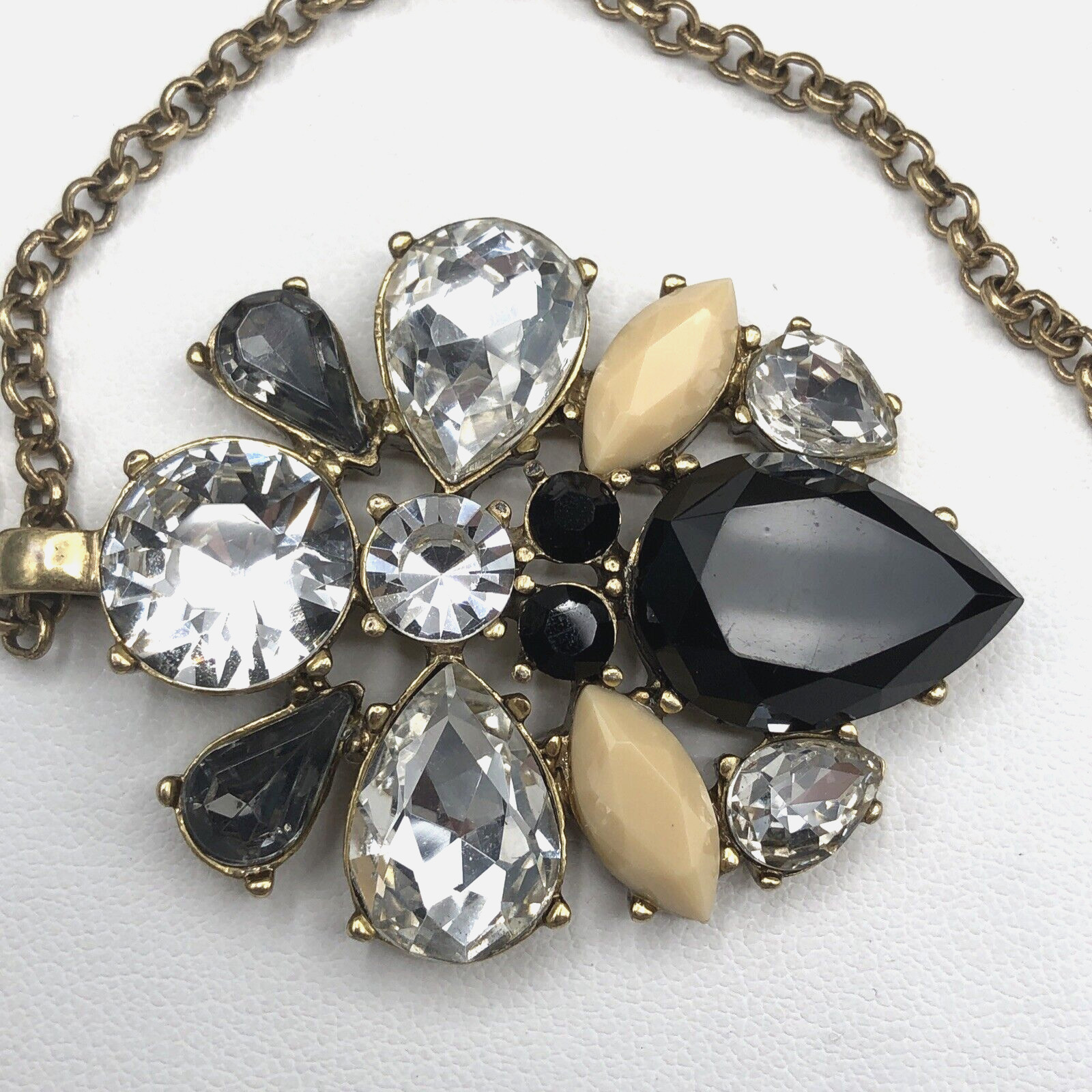 J CREW Pendant Necklace Neutral Crystals Black Clear Tan Antique Gold Tone w Bag