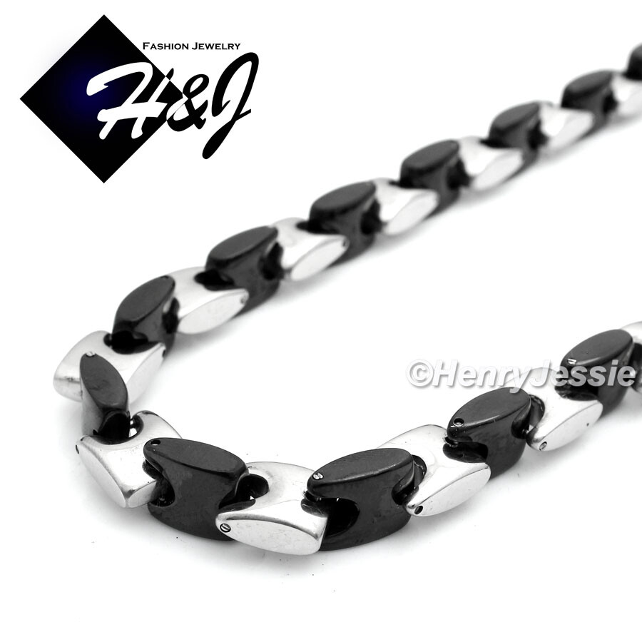 18-40″MEN Stainless Steel 8mm Silver/Black Plated Interlock Bones Chain Necklace