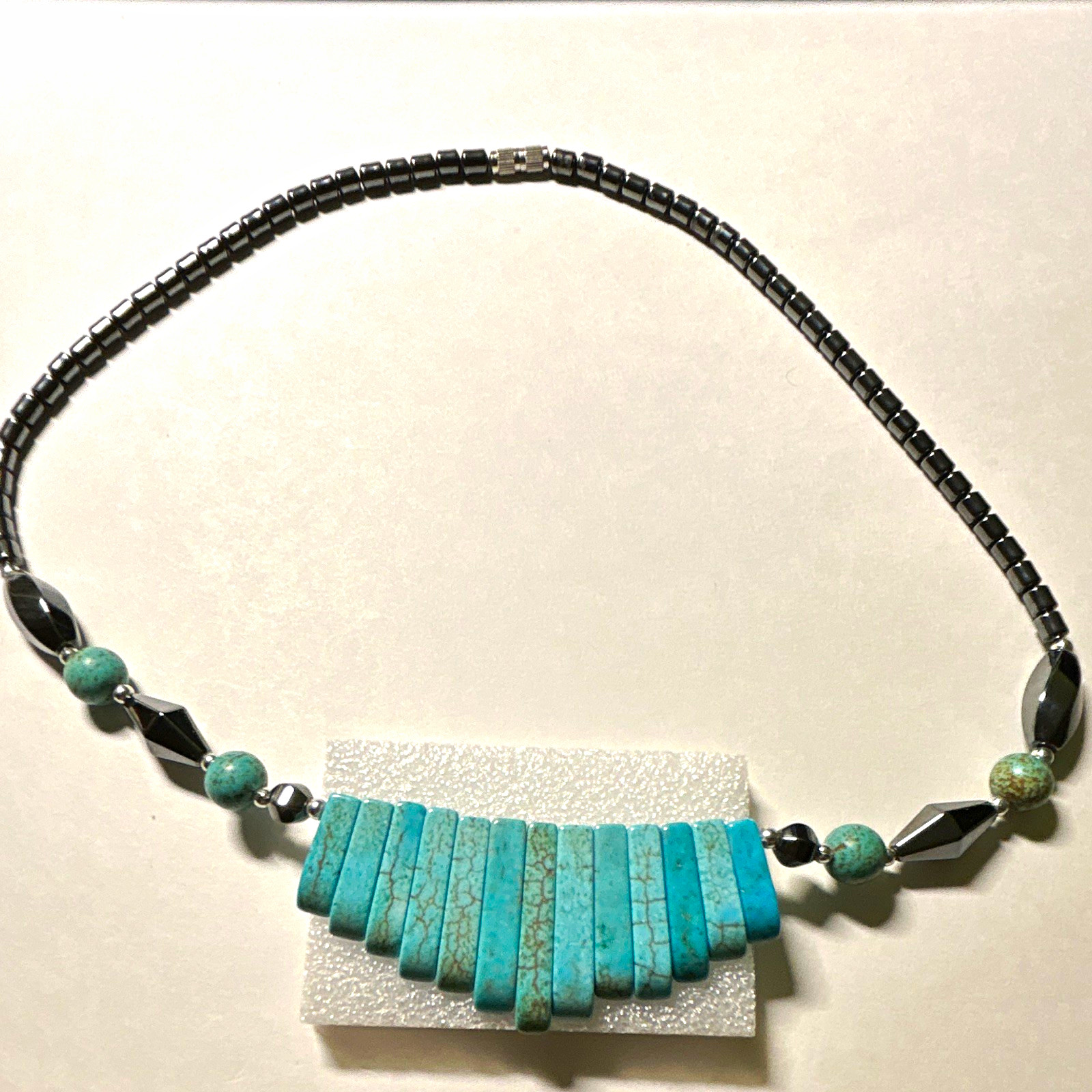 Turquoise Rectangle Bar Pendant Necklace w/ Hematite Black Beads Barrel Clasp