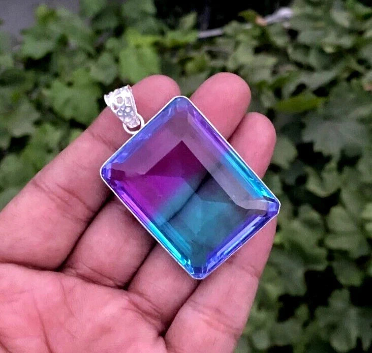 58 CT+ Flawless Bi-Color Tourmaline Pendant 925 Sterling Silver Plated Jewelry