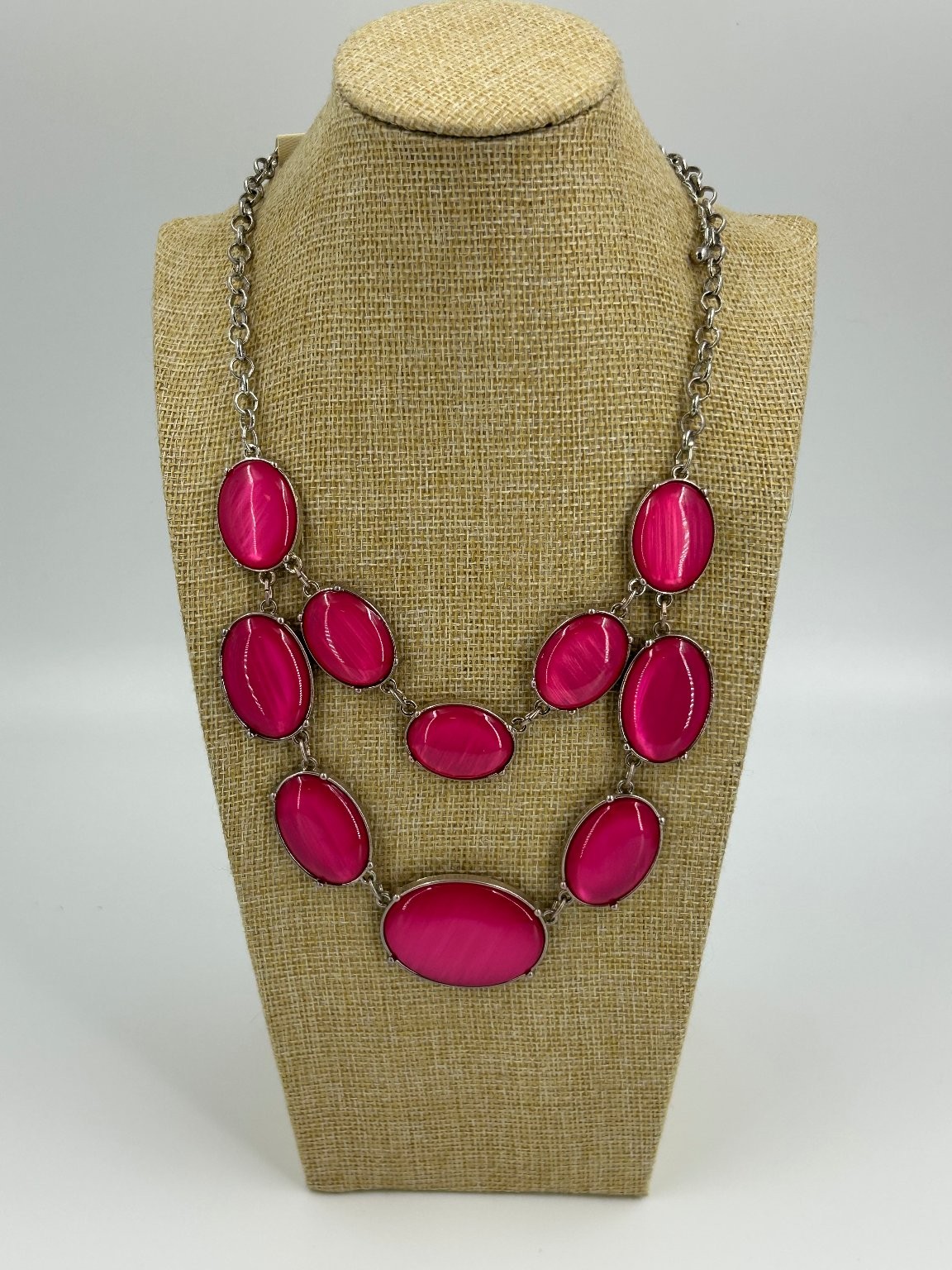 Kim Rogers Pink Oval Statement Necklace Silver Tone 18-20 inch