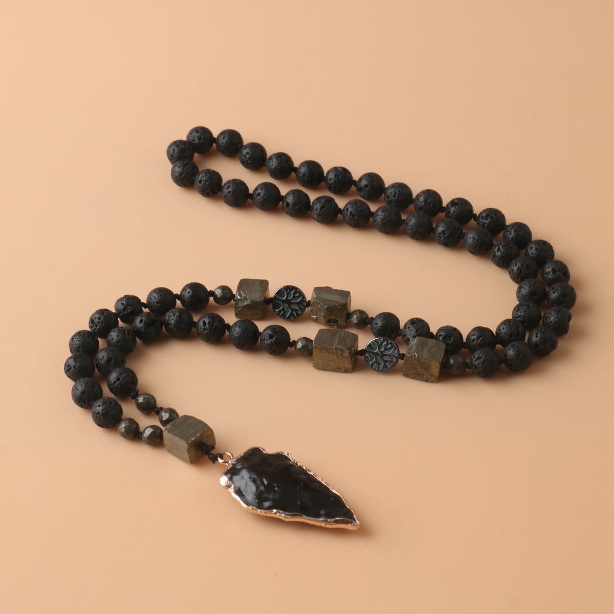Natural Lava Rock Volcano Stone Knotted Necklace Obsidian Arrowhead Pendant