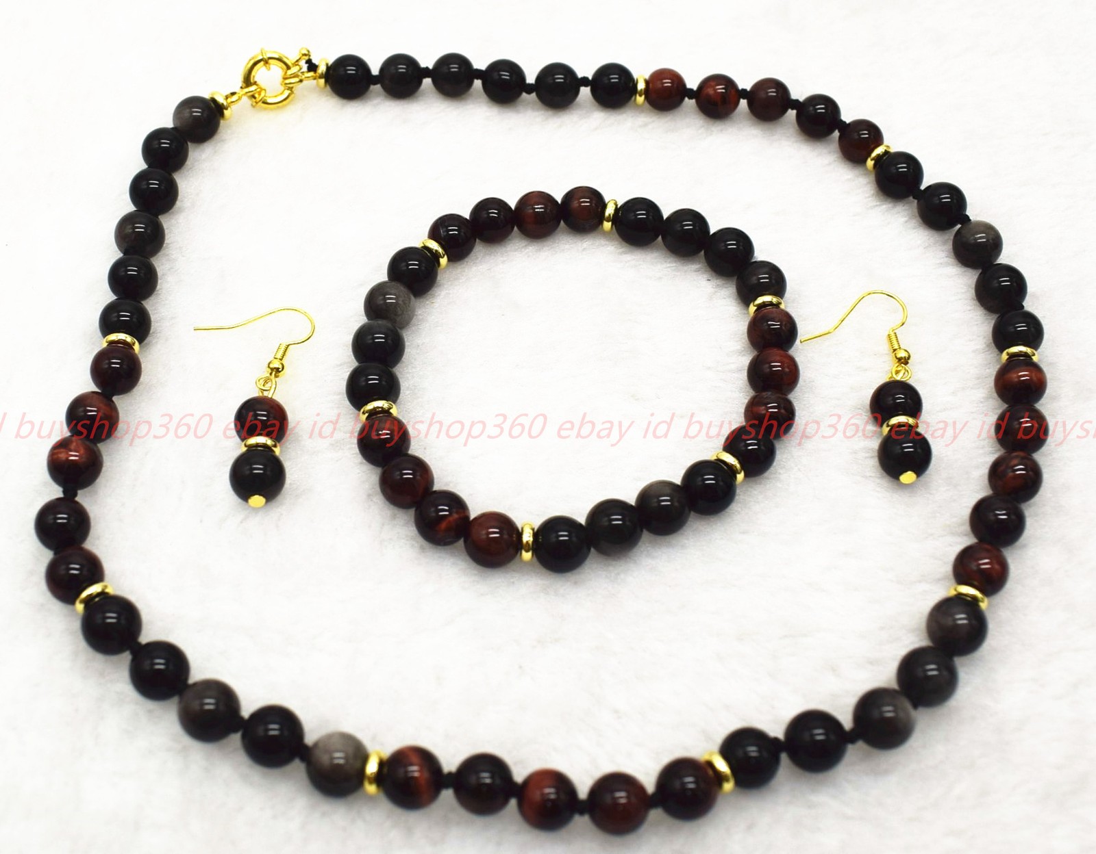 New 8mm Silver Obsidian Red Tiger’s Eye Gems Necklace Bracelet Earring 18/7.5in