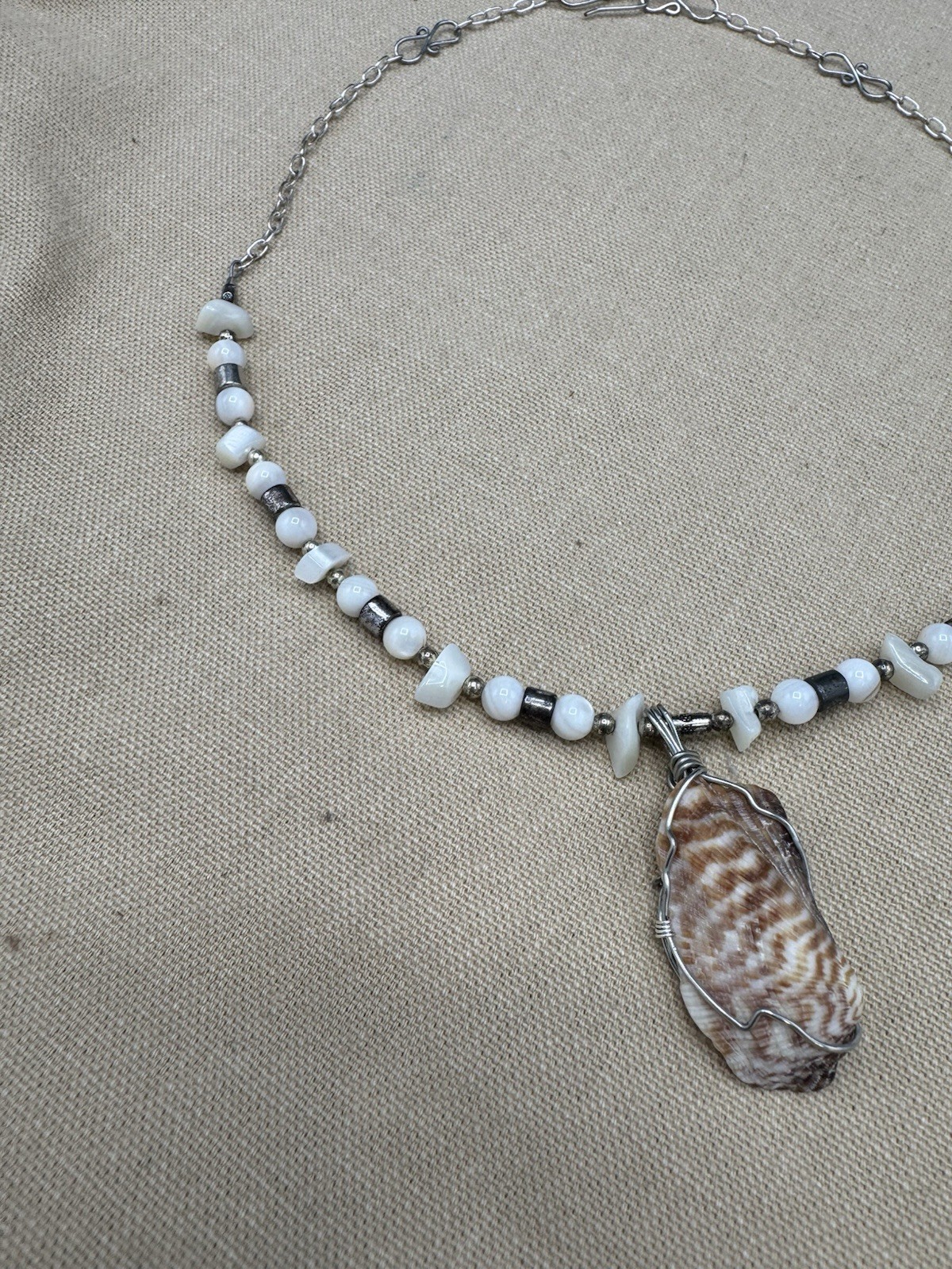 Shell Pendant Necklace Reversible Natural Shell Bead Boho Coastal 18.5”