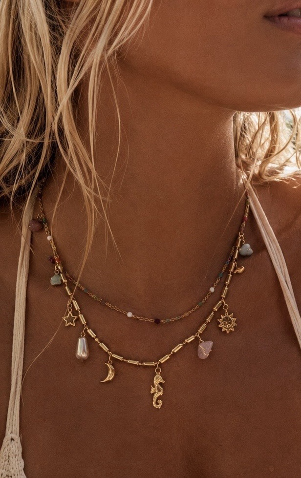 Gold Layered Charm Necklace Moon Star Sun Colorful Beaded Pendant Boho 18K Gold