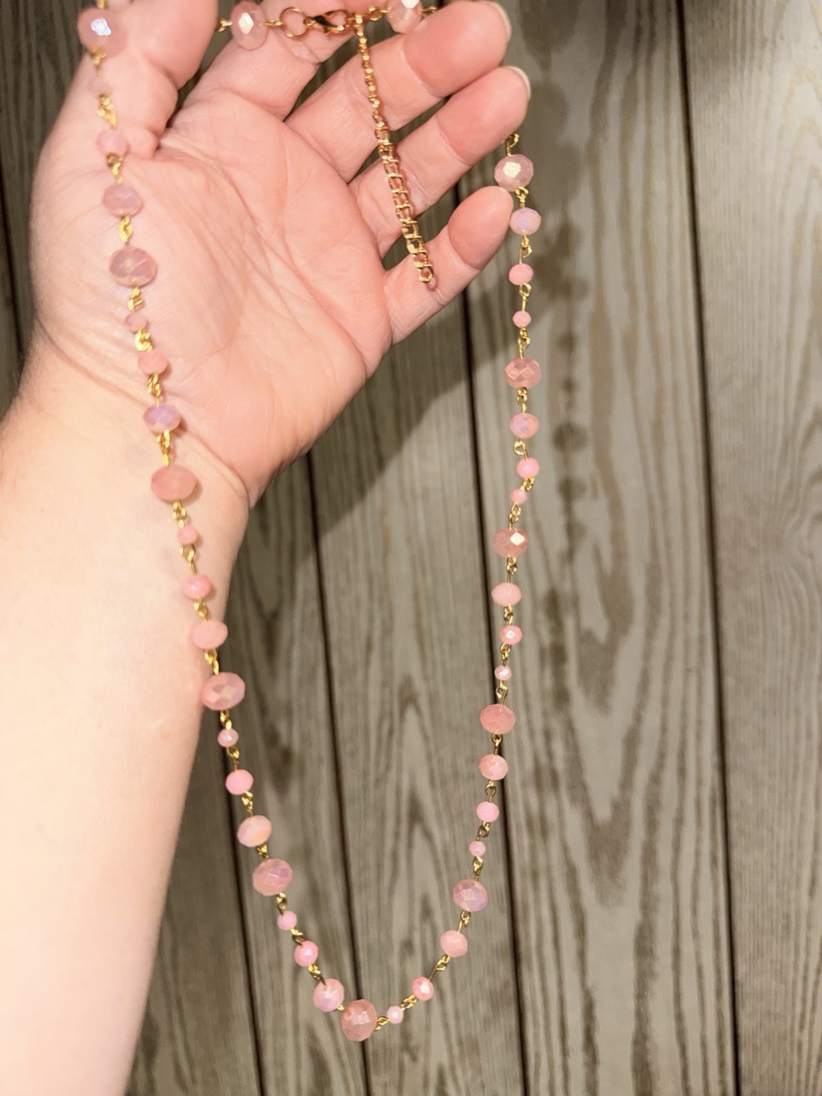 Pink Faceted Crystal Bead Necklace Gold-Tone Cable Chain Lobster Clasp