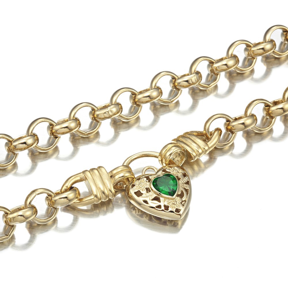 18K GL Thick Solid Rolo Yellow Gold Necklace Filigree Heart Padlock Emerald Gem