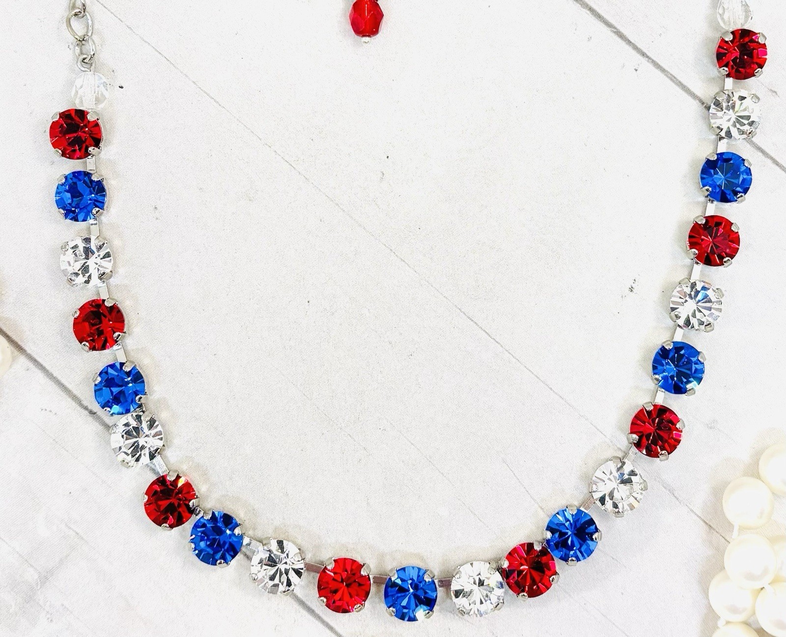 Shiny Silver Plated Patriotic Red, White, and Blue Crystal Cup Chain Necklace