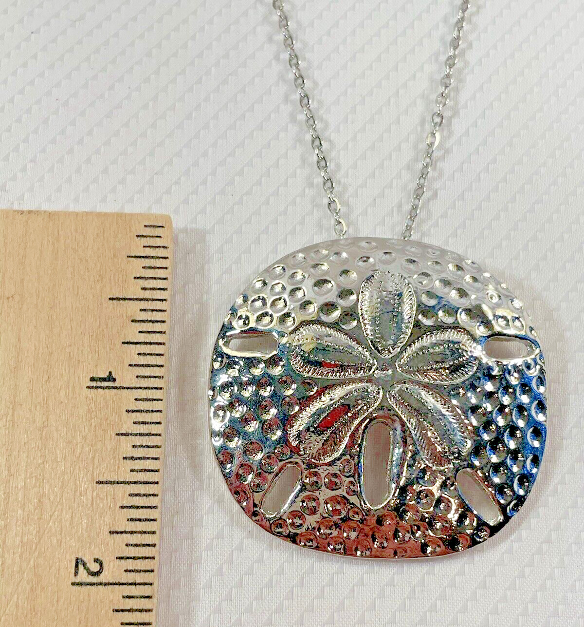 Sand Dollar LG Silver Necklace 30” Stainless Chain Coastal Sea Life Jewelry NEW
