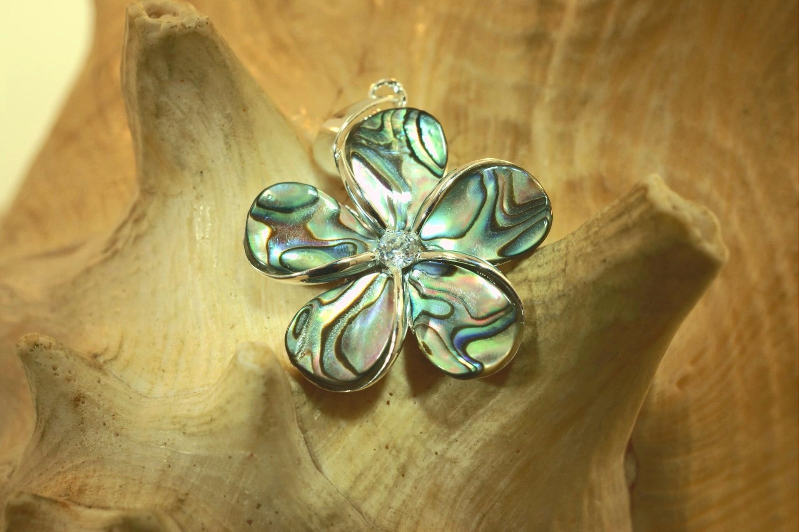 26mm Hawaiian Sterling Silver Paua Abalone Plumeria Frangipani Flower CZ Pendant