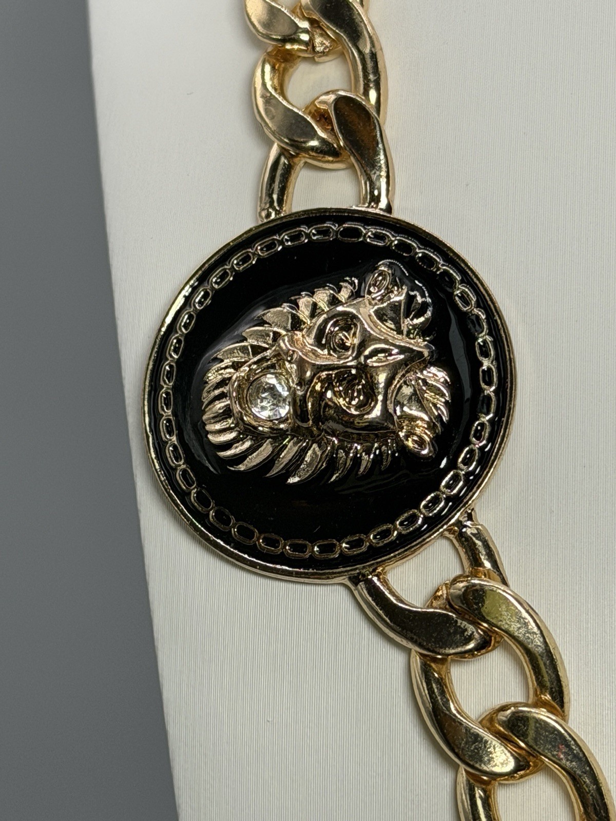 Natasha Gold Tone Lion Head Medallion Statement Necklace Rhinestone Black Inlay