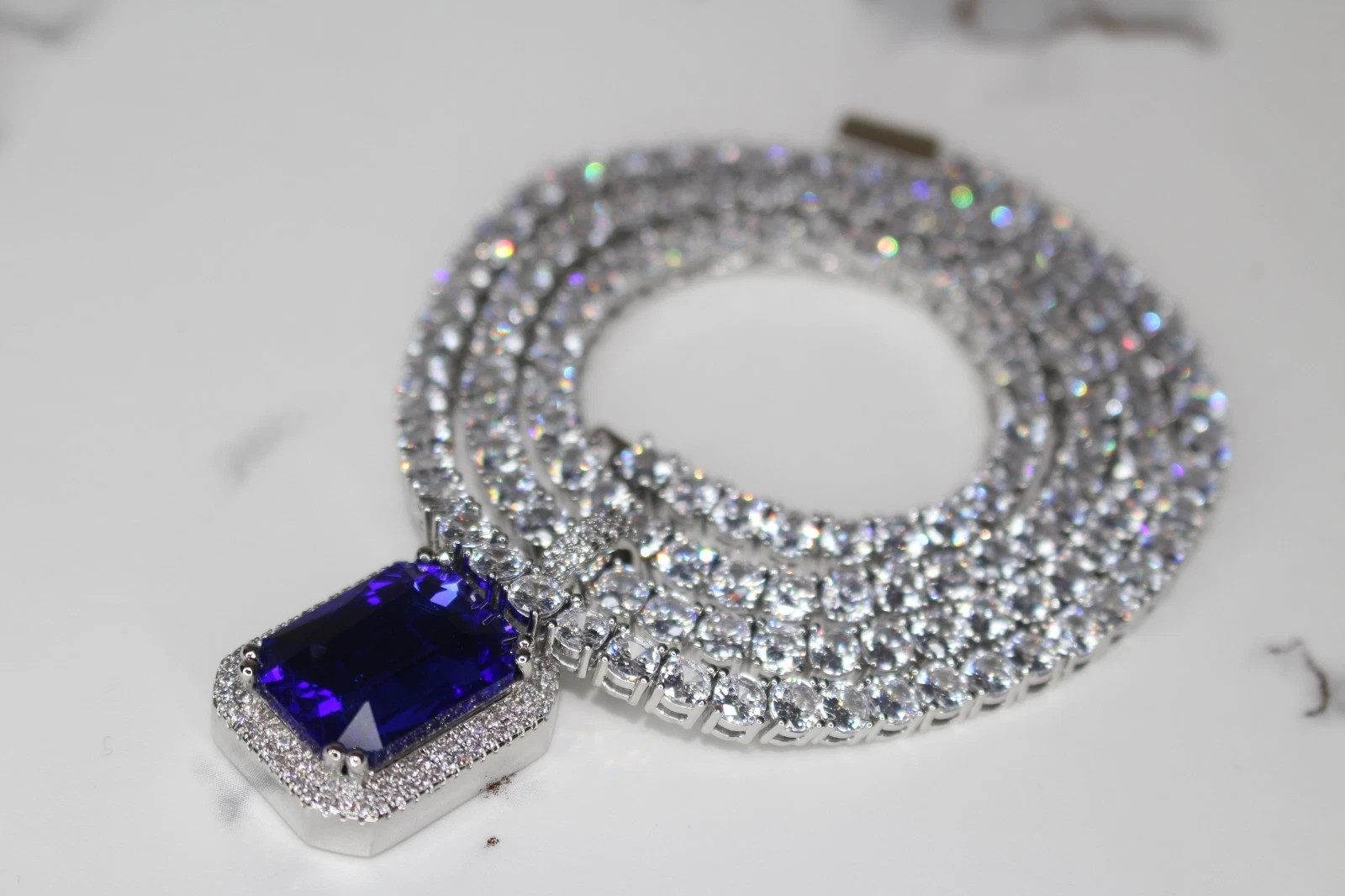 BLUE RUBY Sapphire Pendant Tennis 75.8ct Lab Sim Gem Diamond Chain Necklace