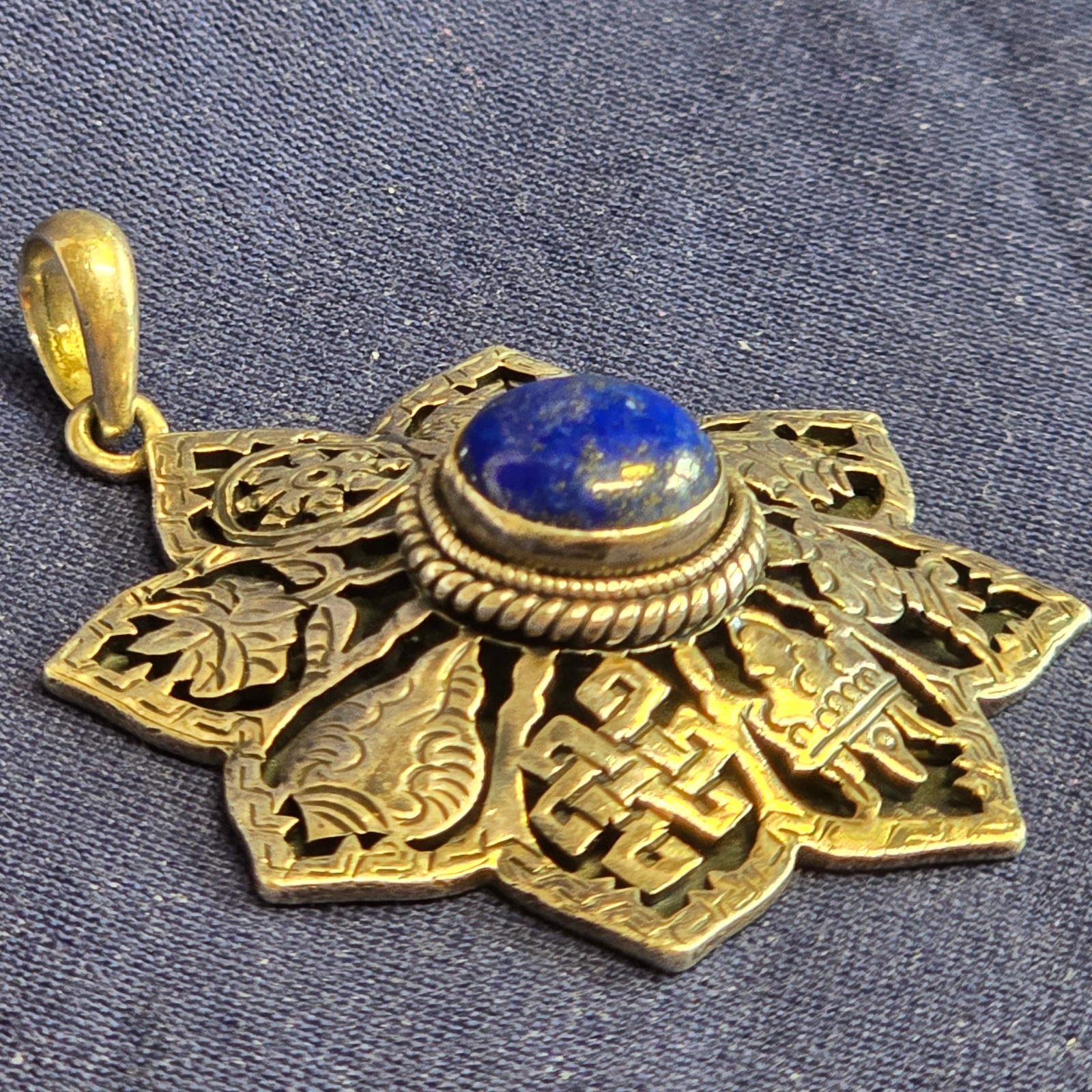 Sterling Silver Pendant 14.93g Jewelry Lapis Look Nepal Symbols Charm *READ*