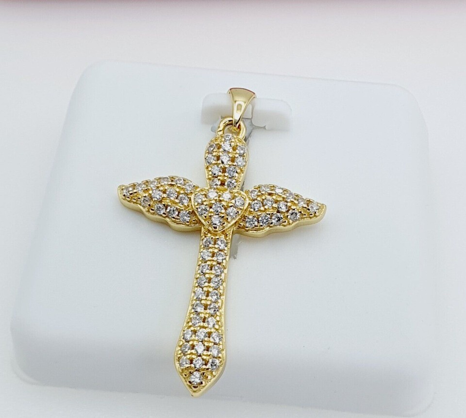 2Ct Round Cut Simulated Diamond Holy Cross Wings Pendant 14k Yellow Gold Plated