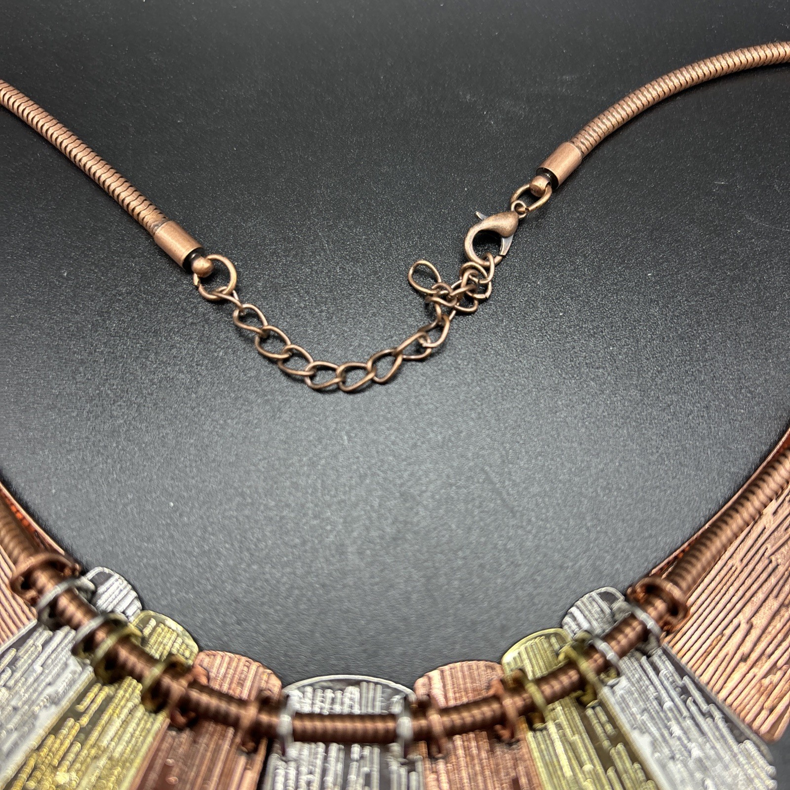 Multi Tone Hammered Metal Modernist Geometric Engraved Necklace Adjustable