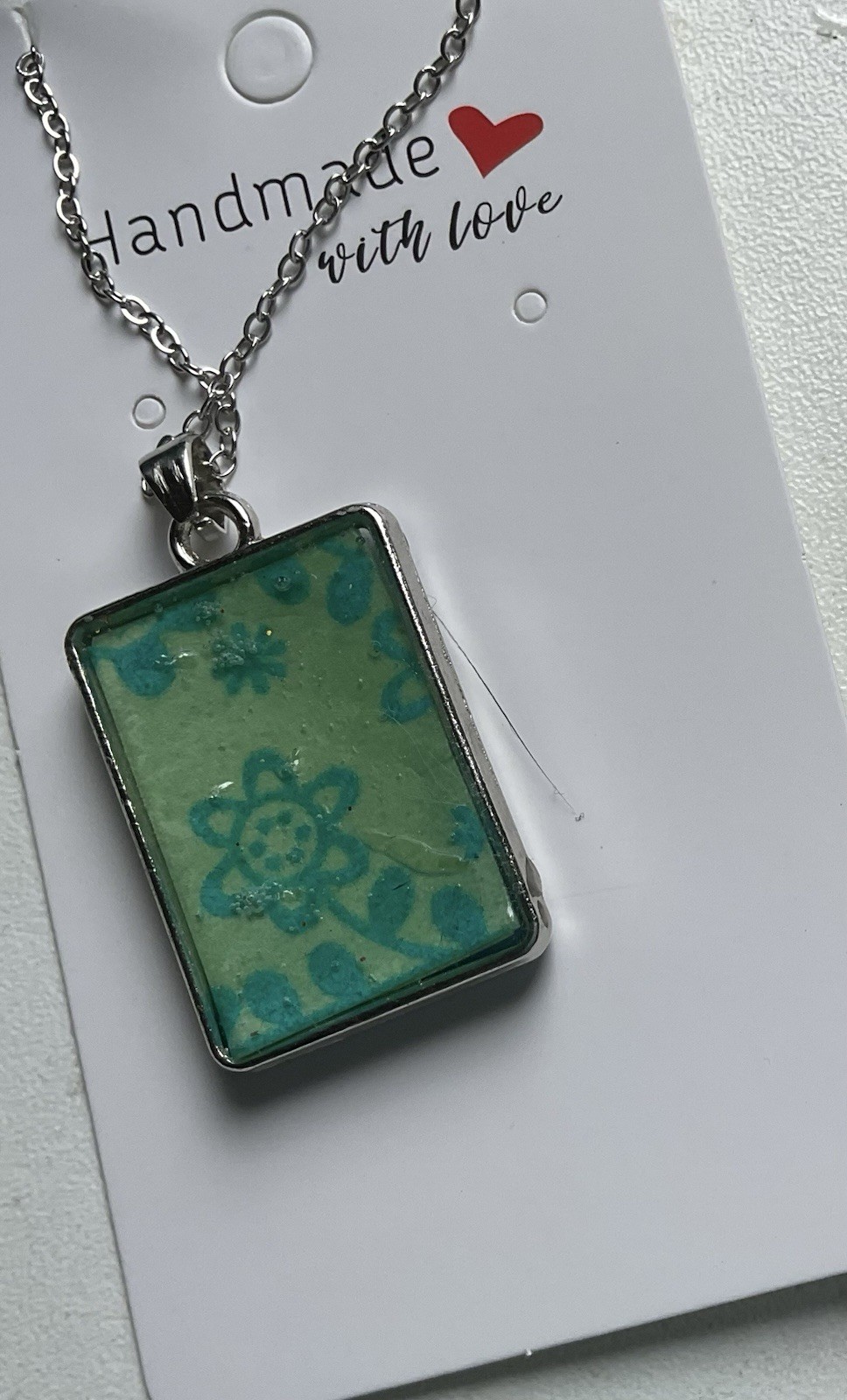 Handmade Rectangle Charm Pendant Necklace, Silver Tone Snake Chain, Blue/Green