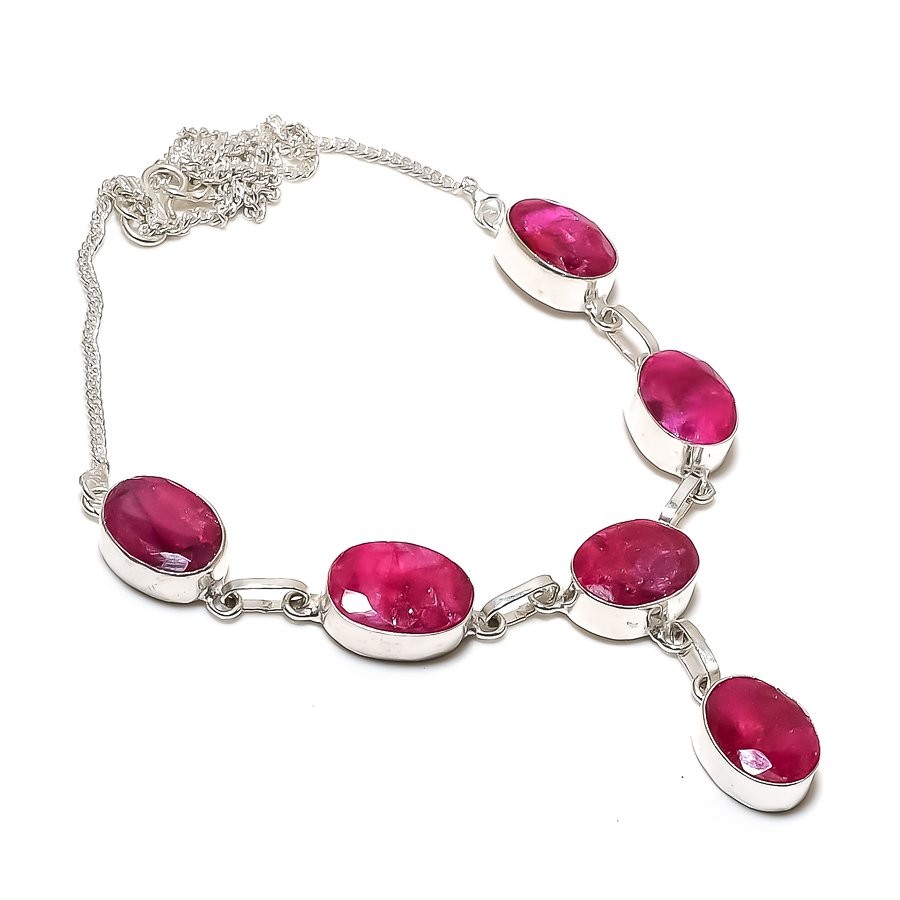 Kashmiri Ruby Oval Shape Gemstone Necklace Adjustable Chain Handmade Jewelry 18″