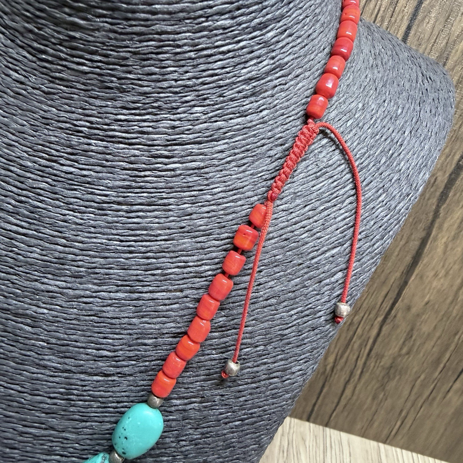 RETRO Turquoise & Coral Colour Beaded Necklace 60cm Adj. Kitsch Pretty Boho