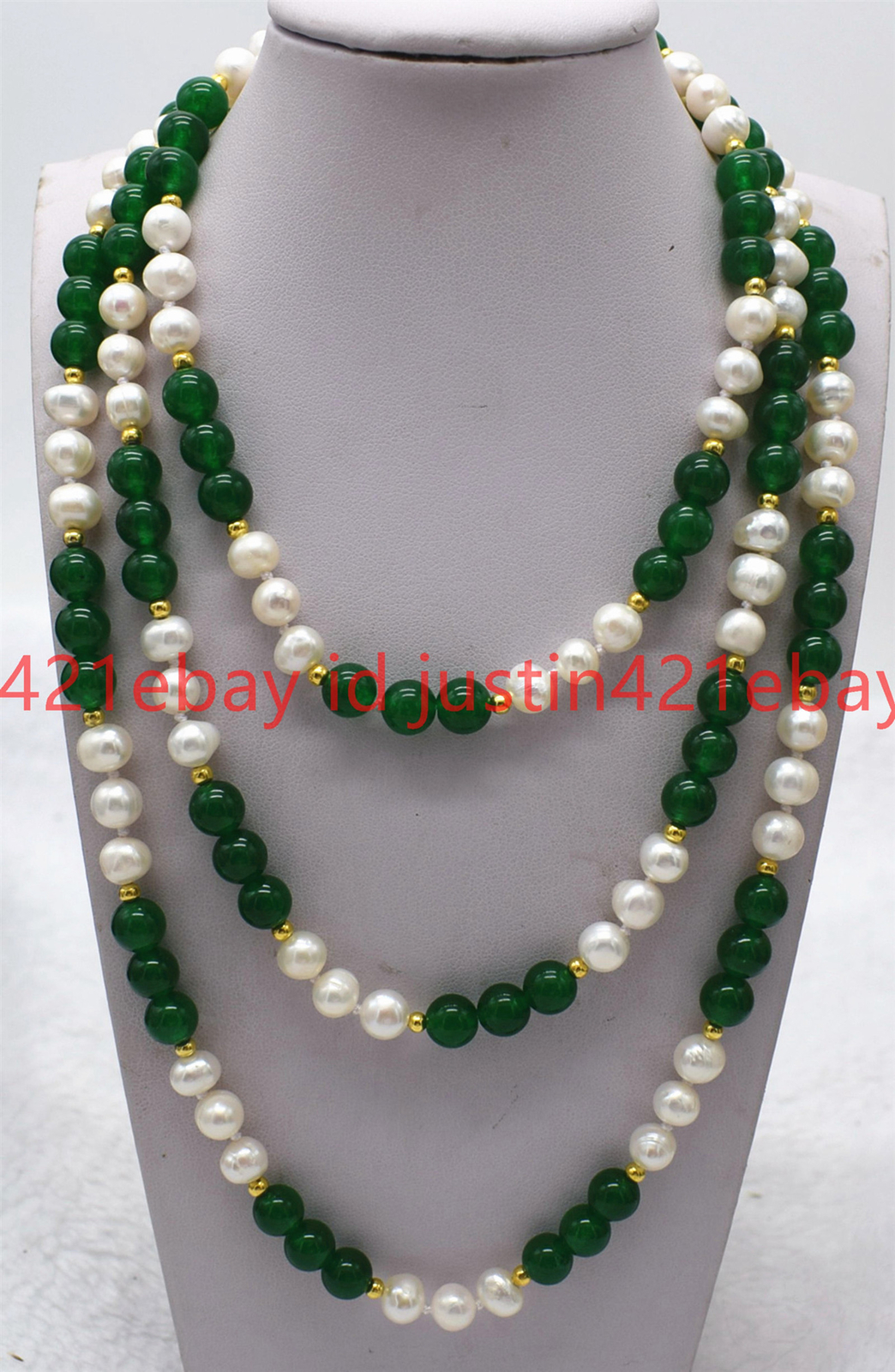 7-8mm White Cultured Pearl & 8mm Green Jade Round Gemstone Necklace 36-100″ AAA