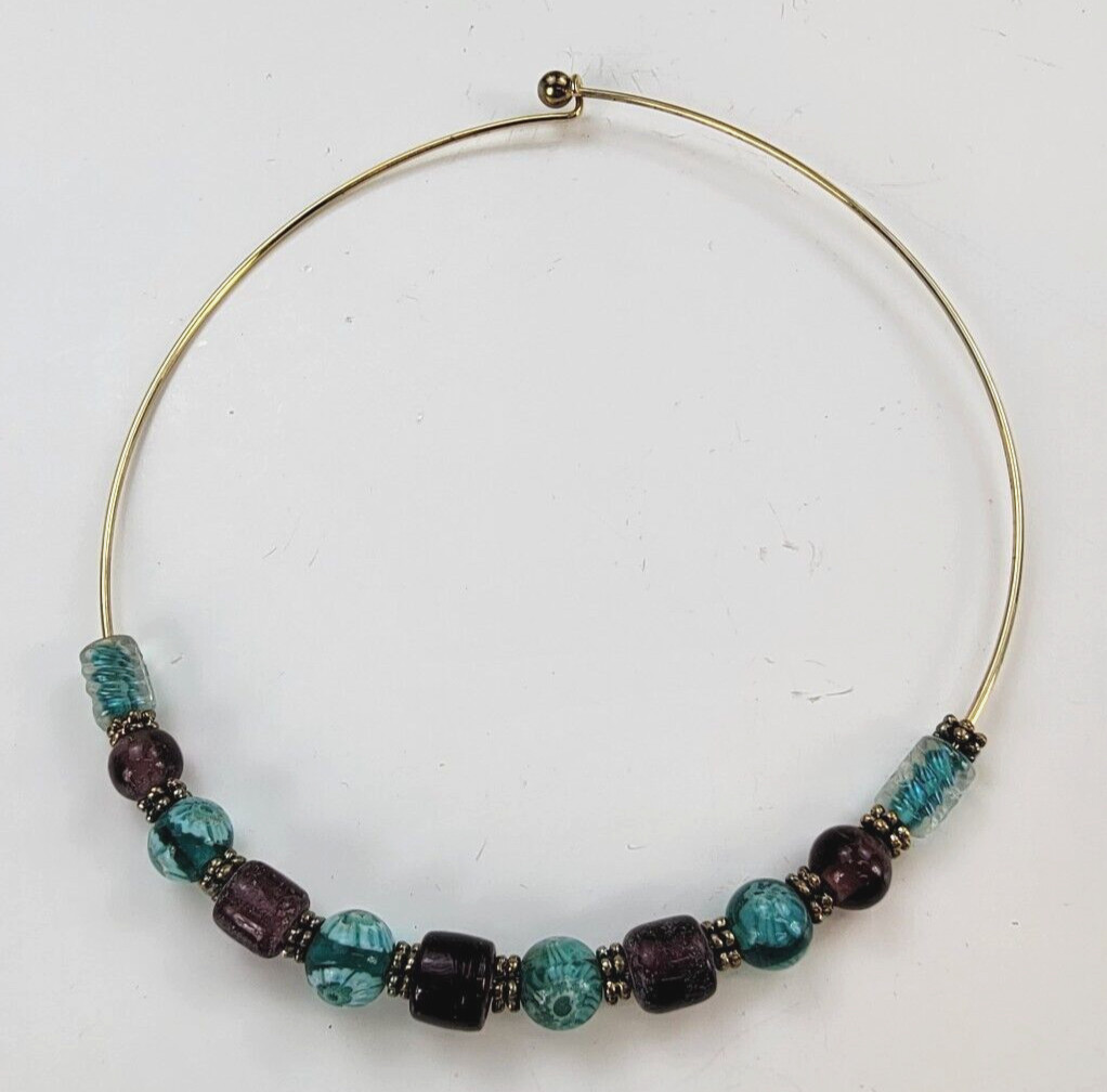 Purple And Green Glass Bead Wire Choker Necklace 15 in Gold Tone