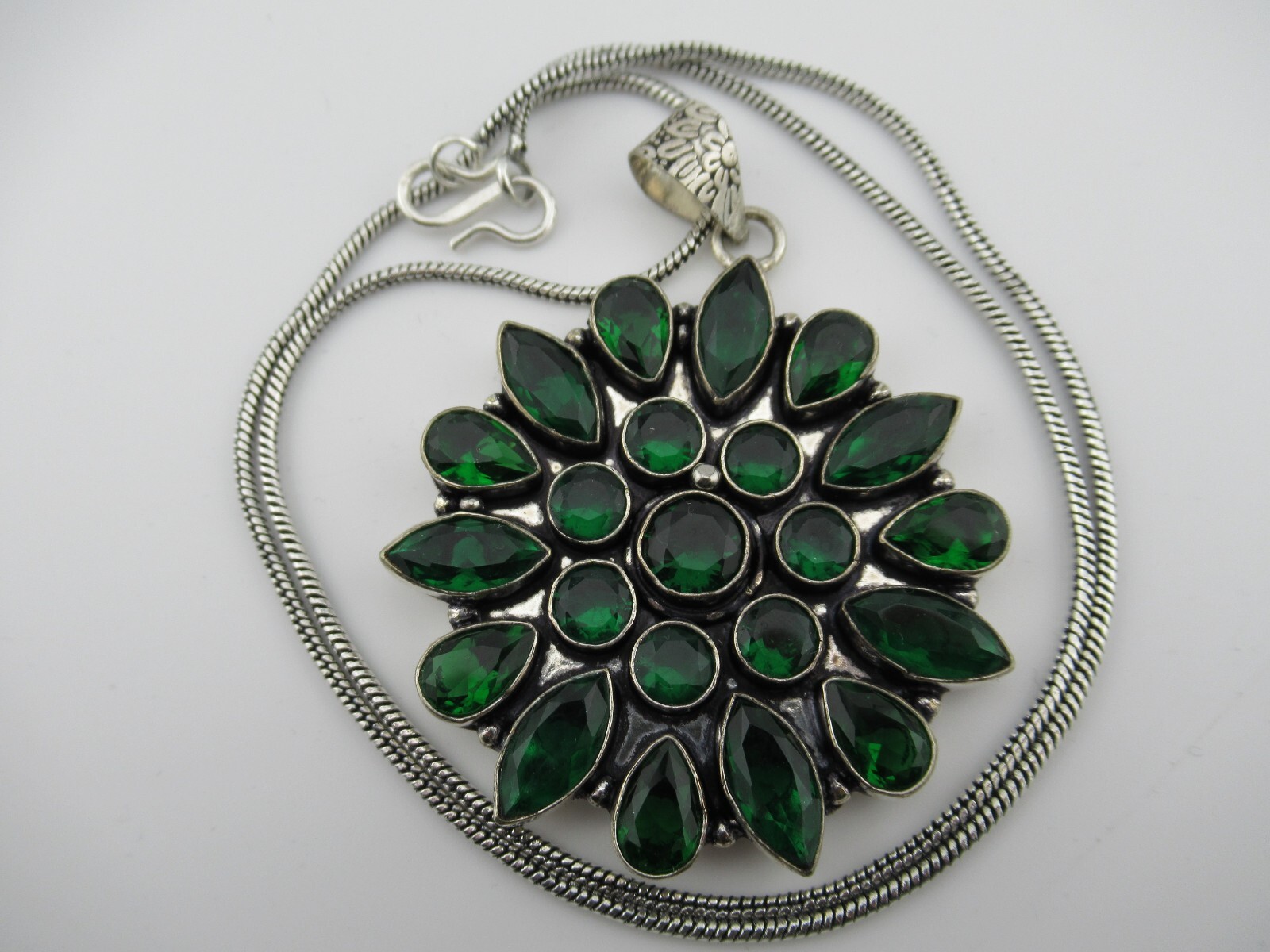 Necklace Pendant Flower Green Cluster Bezel Set Glass Cabs Bold Large Silver