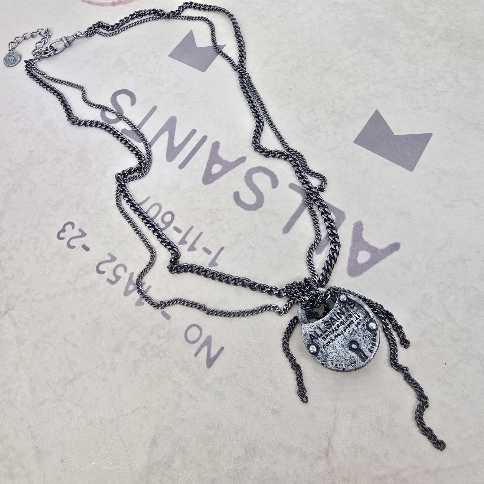 ALL SAINTS WOMENS VINTAGE DISTRESSED PADLOCK NECKLACE BLACK GREY LOCKET RARE