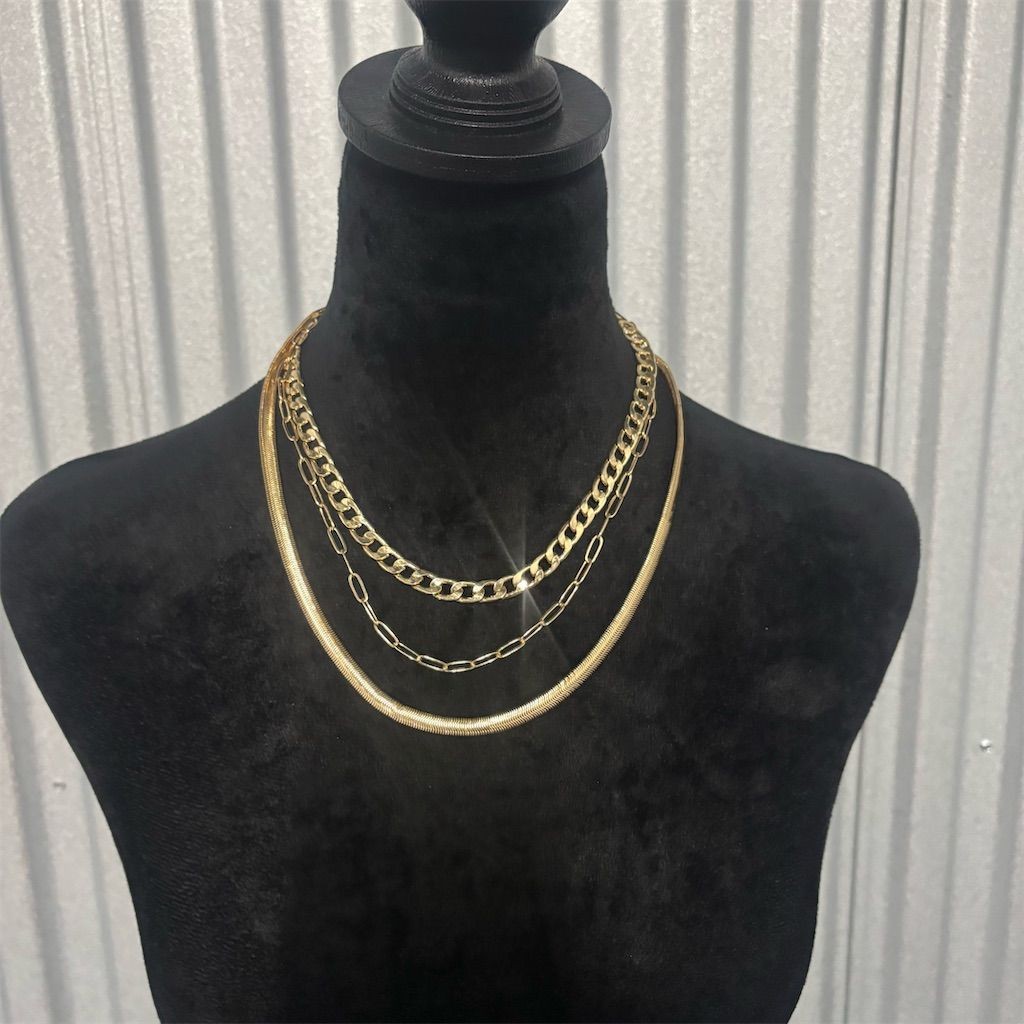 Gold Tone Necklace Layered Flat Herringbone Cuban Link Figaro Chains Women’s