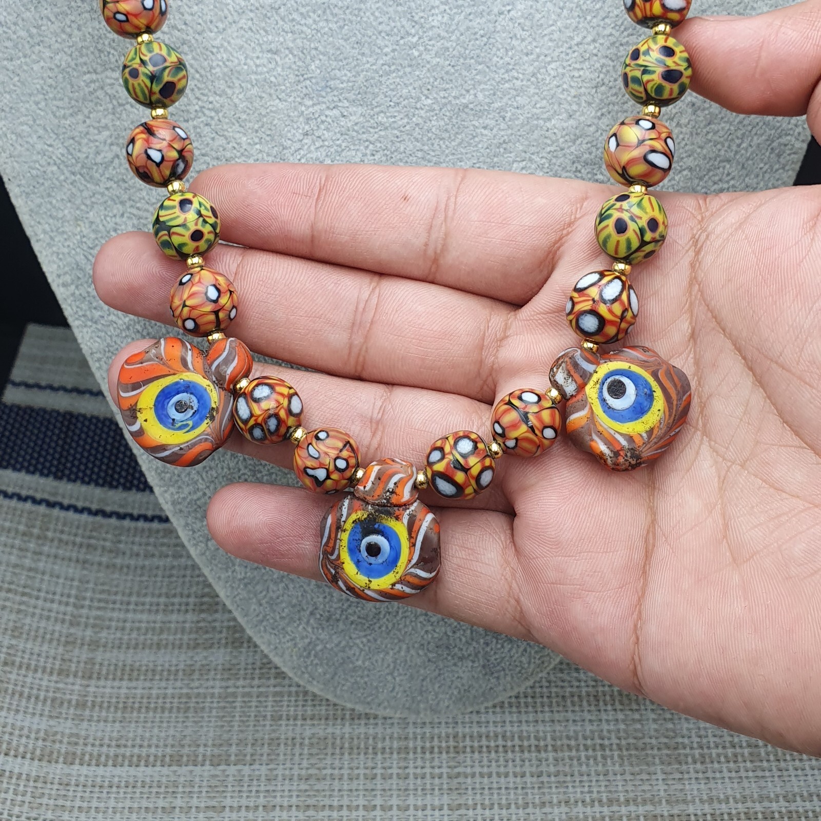 Vintage Venetian Style Eyes Glass with Old 3 Eyes Glass Beaded Necklace