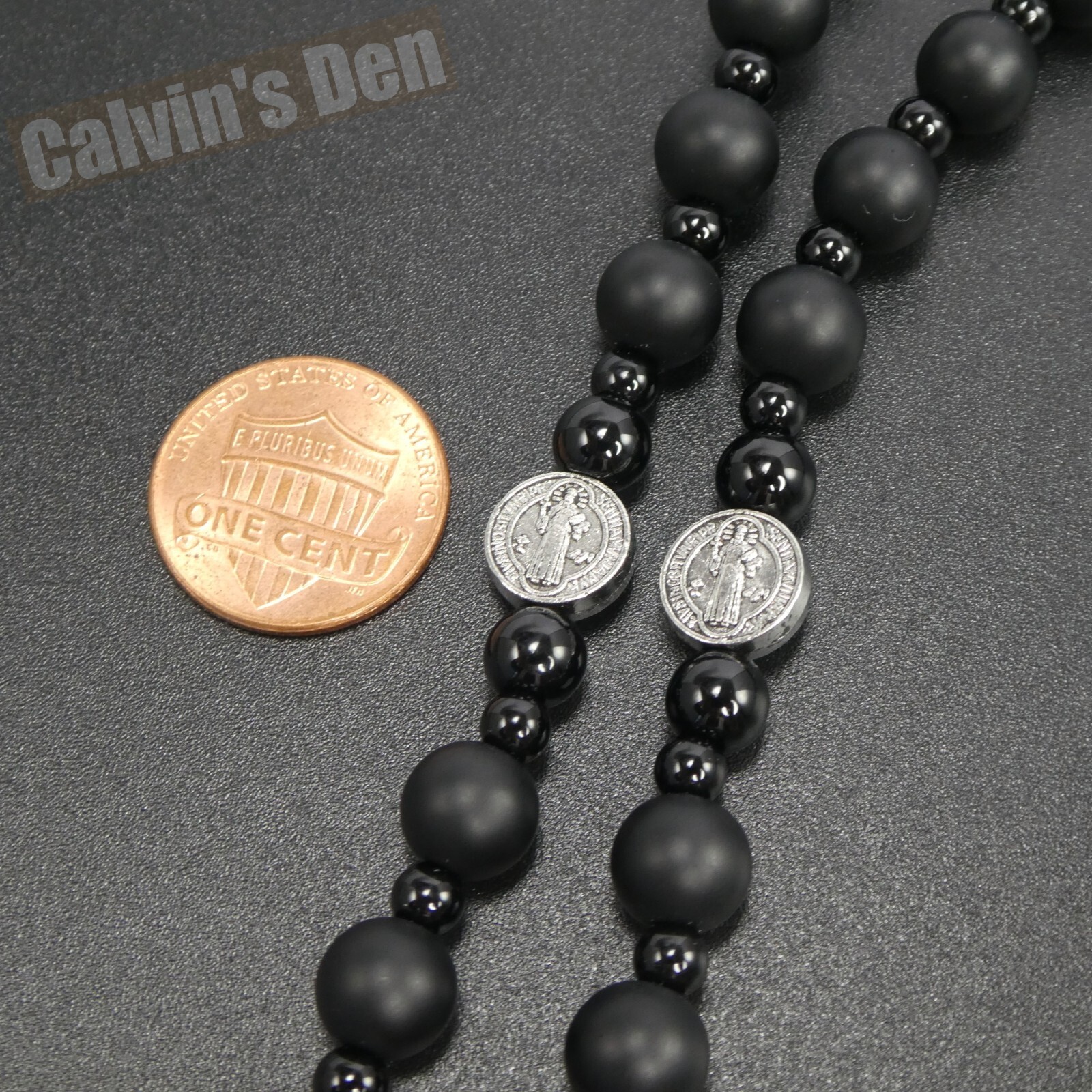 St Benedict Black Obsidian Onyx Black Hematite Cross Rosary Necklace Men Gift