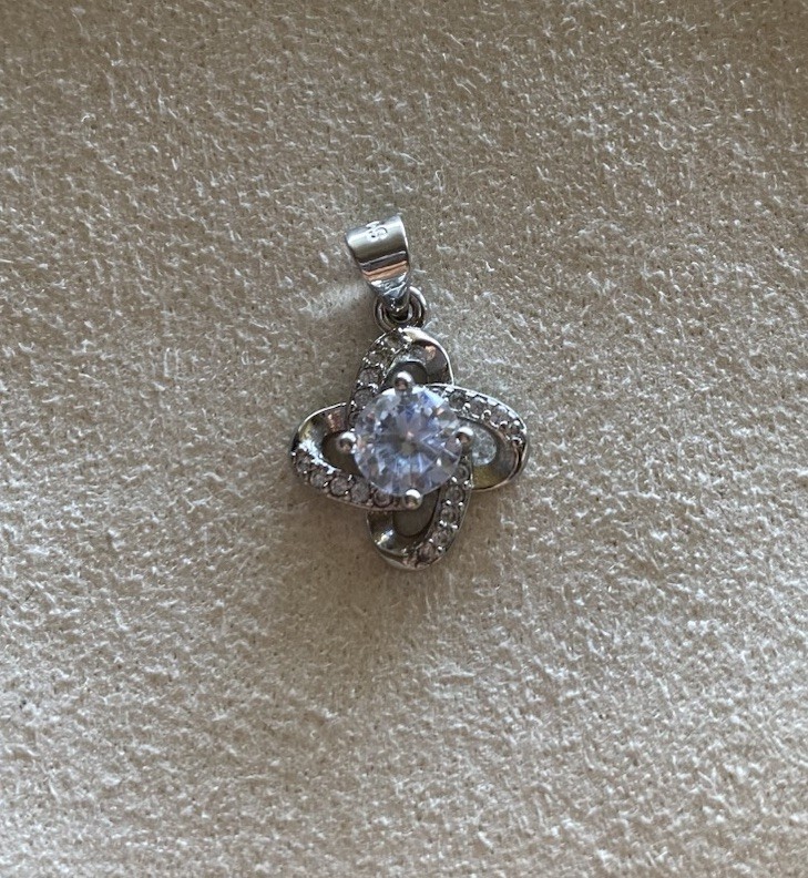 925 Sterling Silver Flower Pendant Charm, White Cubic Zirconia, Prong Set Signed