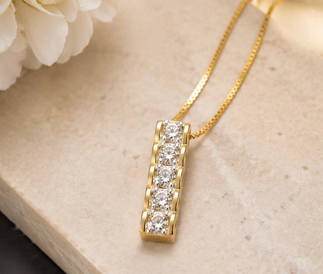 Elegant Bar Pendant Necklace–Round Cut Simulated Diamond 14K Yellow Gold Plated