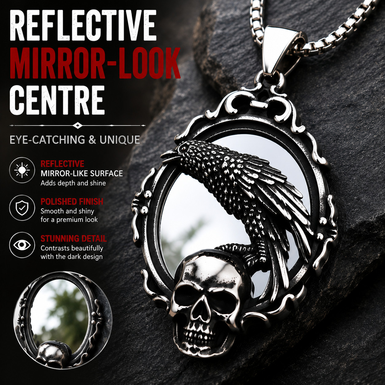 Men’s Gothic Raven Skull Mirror Necklace Antique Silver Pendant Chain Biker Gift