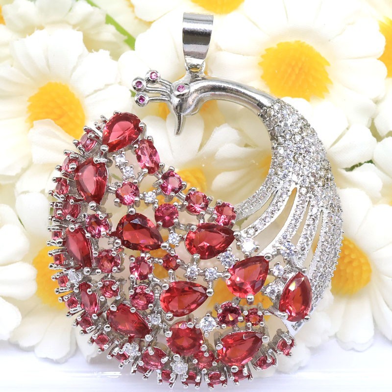 Eye Catching Big Peacock Shape Rhodolite Garnet CZ Women Silver Plated Pendant