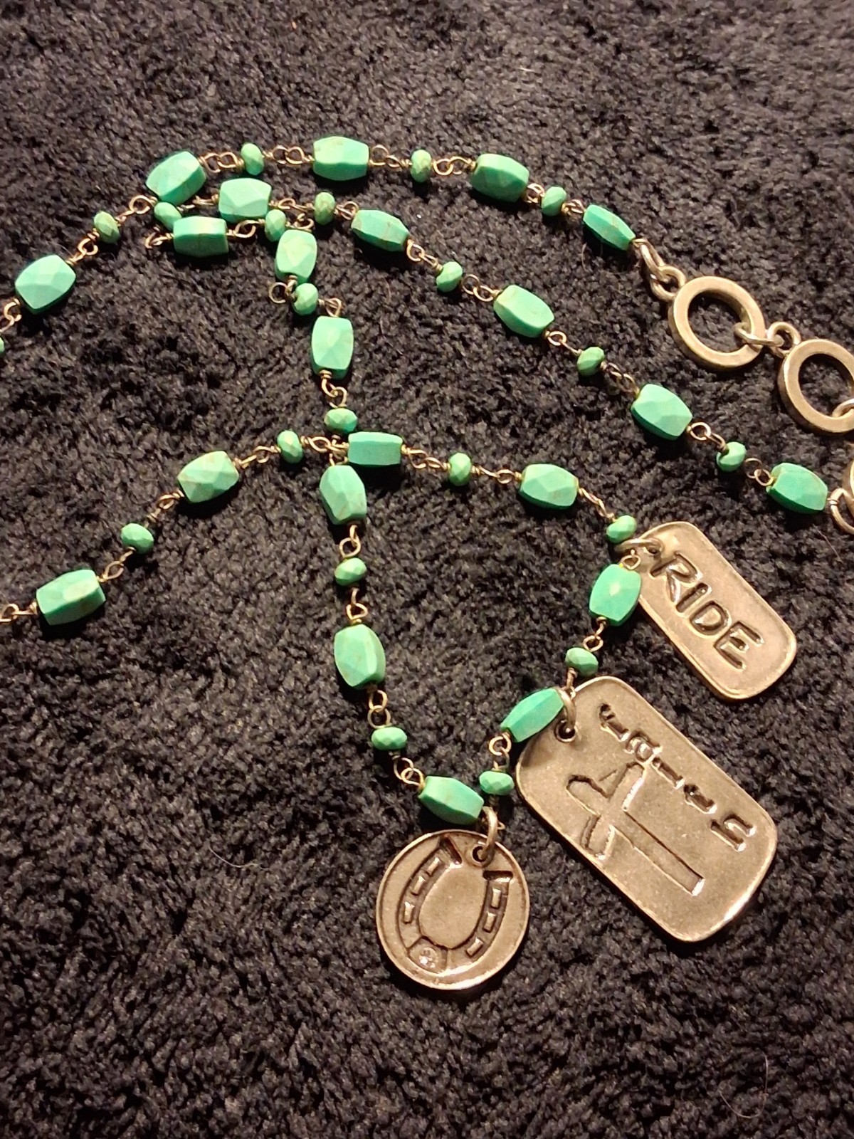CSS Green Beaded Ball Chain Toggle Necklace RIDE Tag Cross & Horseshoe Charms