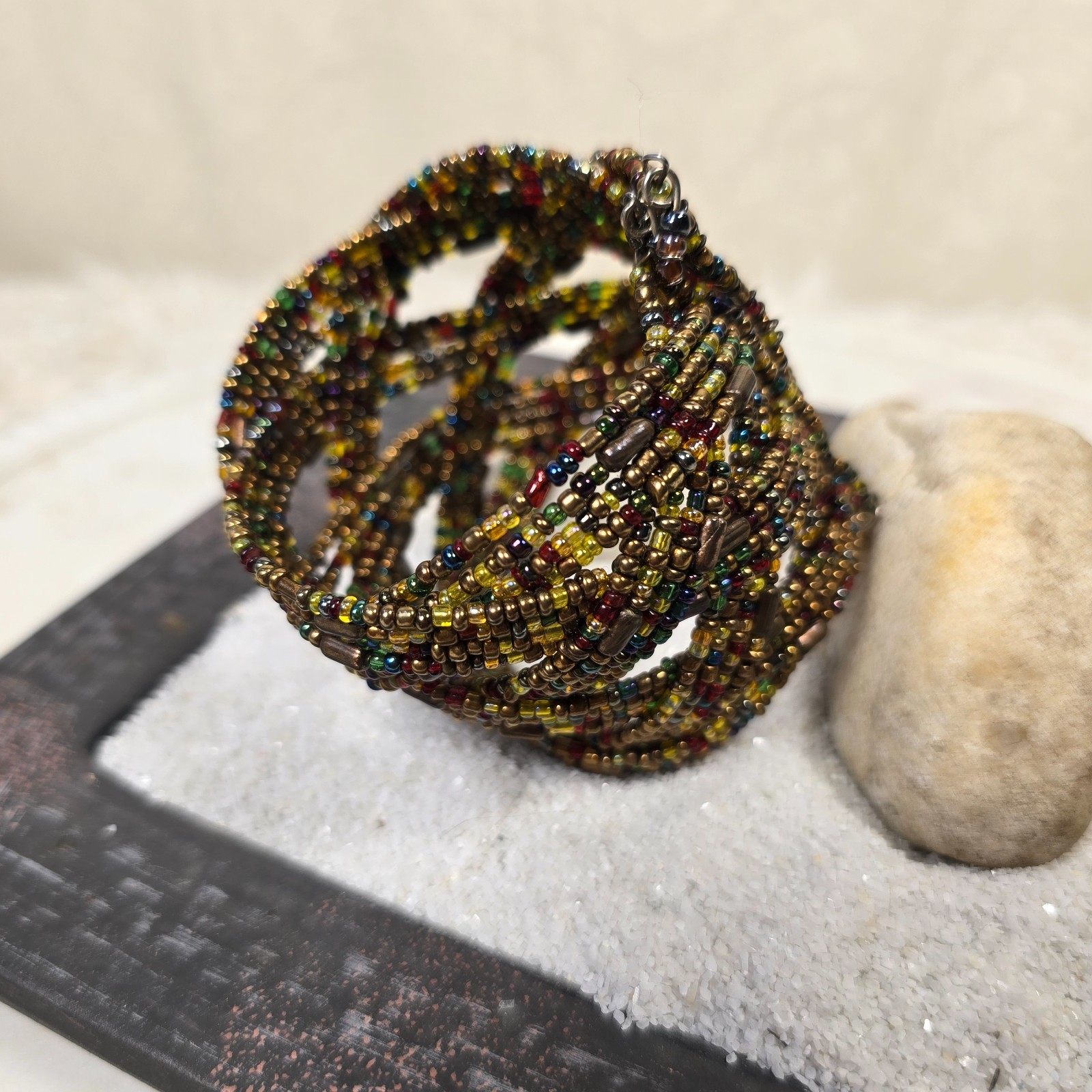 Vintage Handmade Artisan Beaded Braided Cuff Bracelet